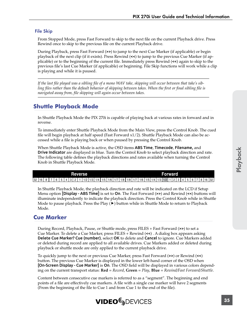 Shuttle playback mode, Cue marker, Shuttle playback mode cue marker | Pla ybac k | Sound Devices PIX 270i User Manual | Page 41 / 99