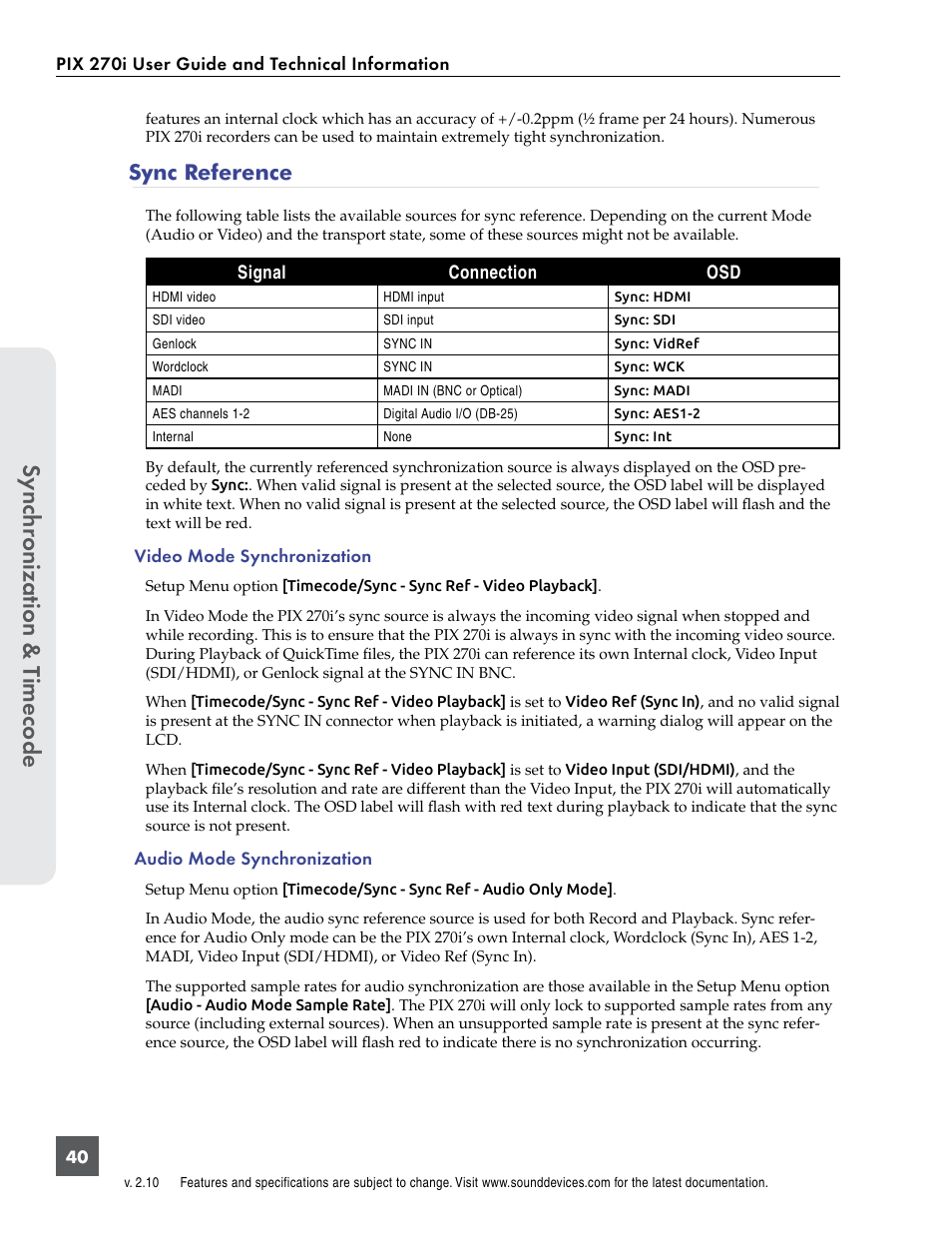 Sync reference, Sync hr onization & t imecode | Sound Devices PIX 270i User Manual | Page 46 / 99