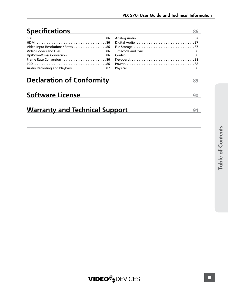 Specifications, Declaration of conformity, Software license | Warranty and technical support | Sound Devices PIX 270i User Manual | Page 5 / 99