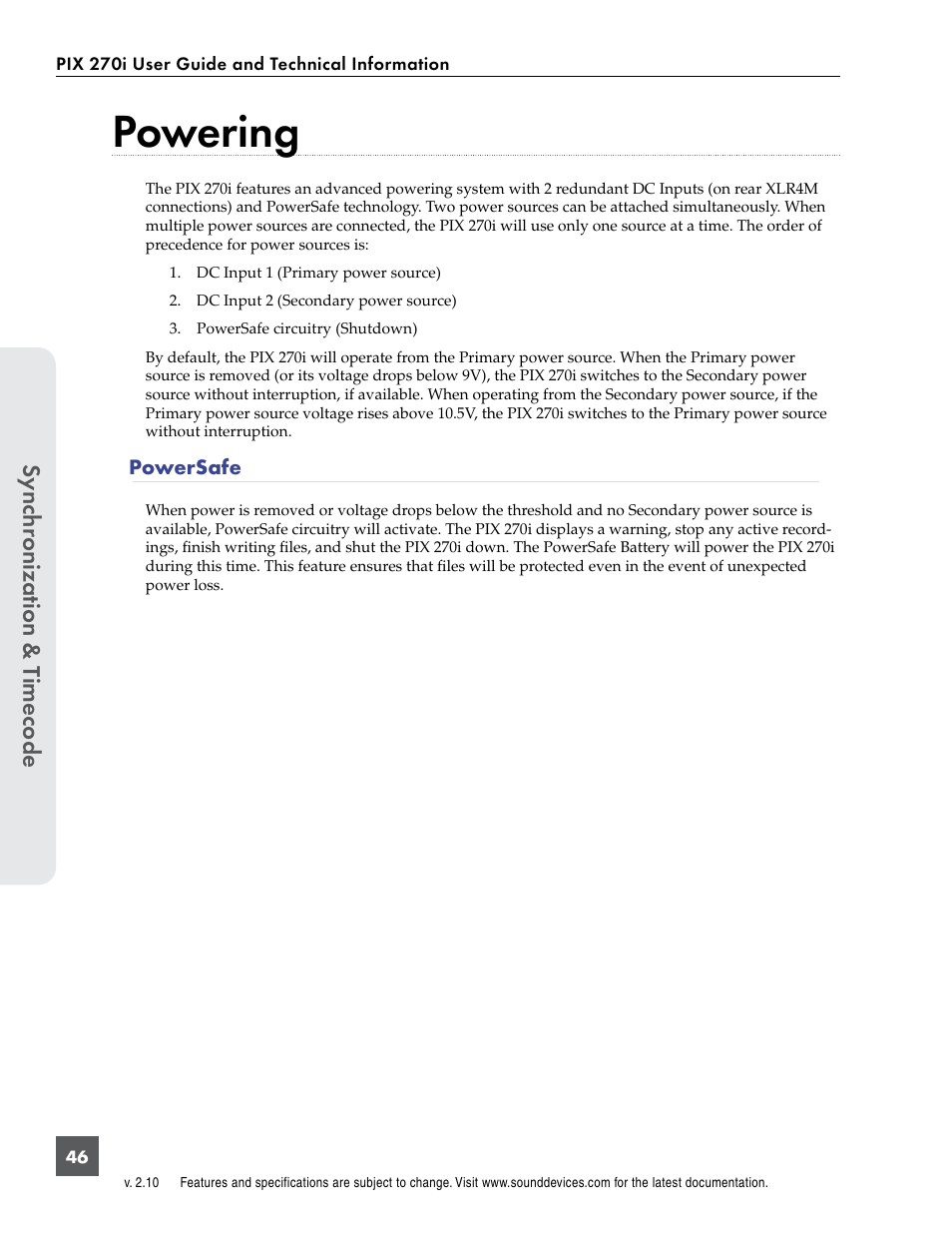 Powering, Powersafe, Sync hr onization & t imecode | Sound Devices PIX 270i User Manual | Page 52 / 99