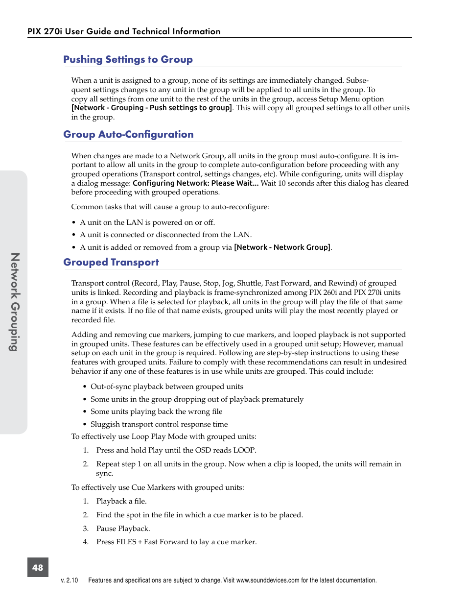 Pushing settings to group, Group auto-configuration, Grouped transport | Group auto-configuration grouped transport, Netw or k gr ouping | Sound Devices PIX 270i User Manual | Page 54 / 99