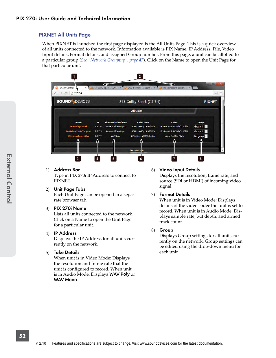 Ext er nal contr ol | Sound Devices PIX 270i User Manual | Page 58 / 99