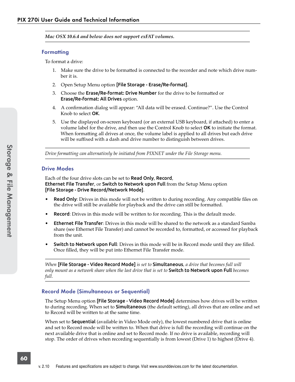 Stor ag e & f ile manag ement | Sound Devices PIX 270i User Manual | Page 66 / 99