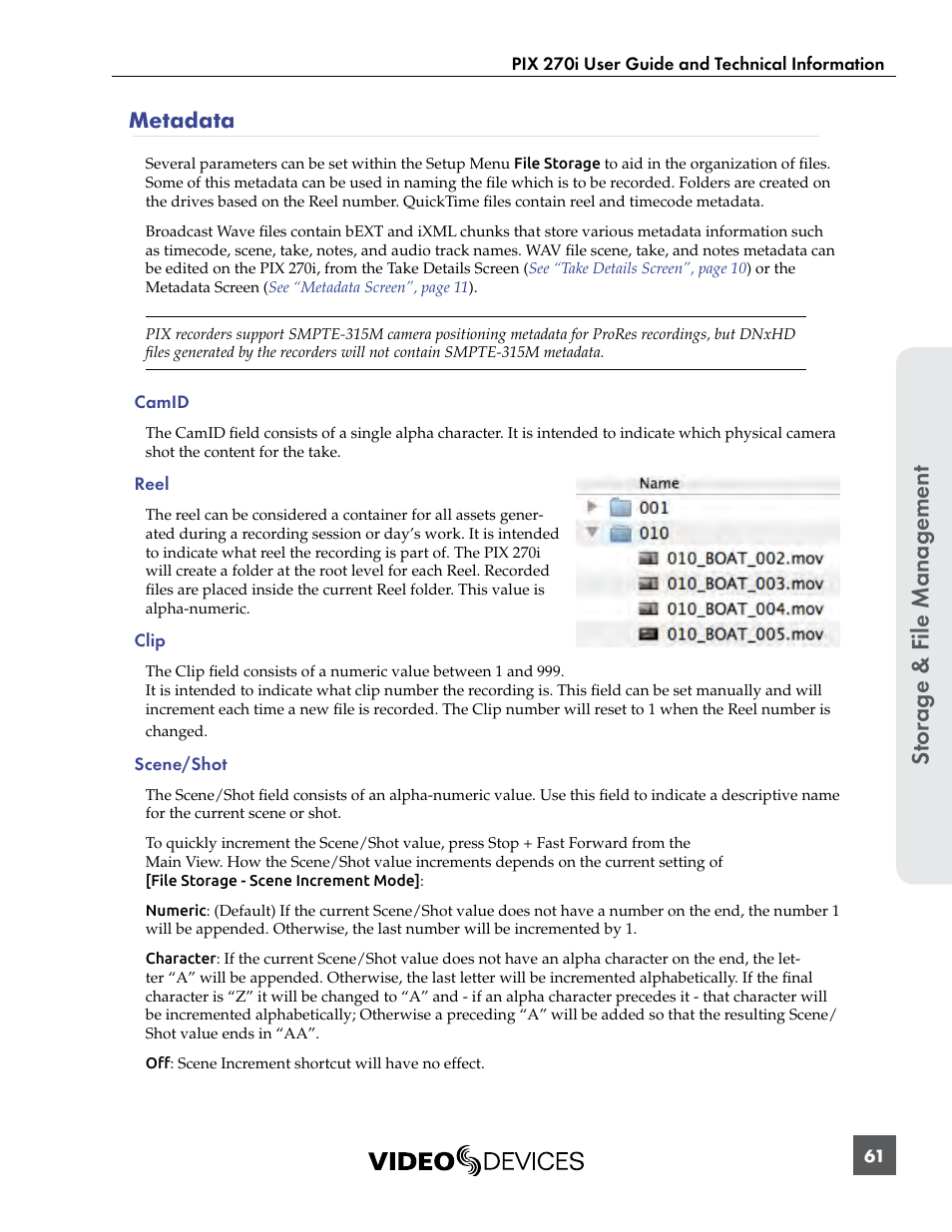 Metadata, St or ag e & f ile manag ement | Sound Devices PIX 270i User Manual | Page 67 / 99