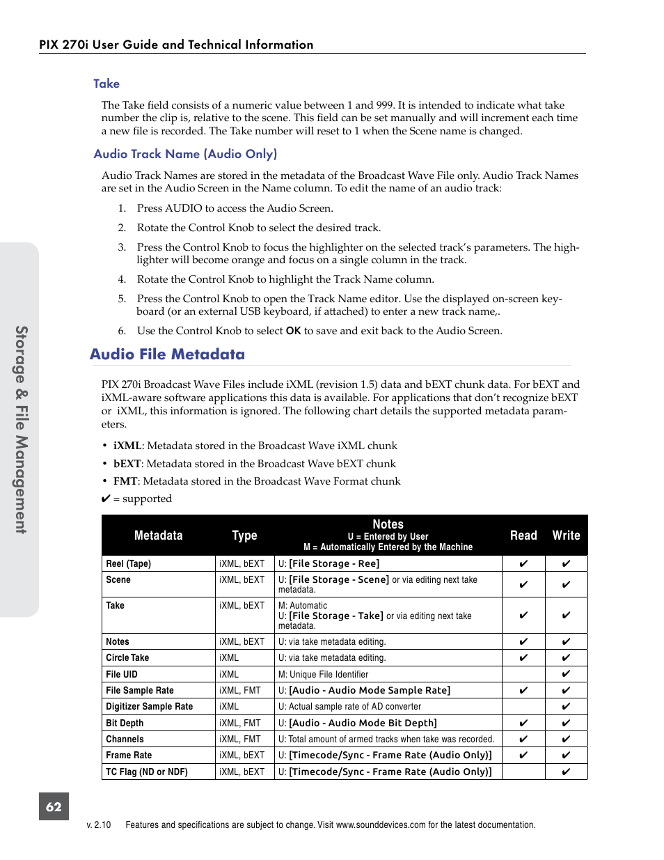 Audio file metadata, Stor ag e & f ile manag ement | Sound Devices PIX 270i User Manual | Page 68 / 99