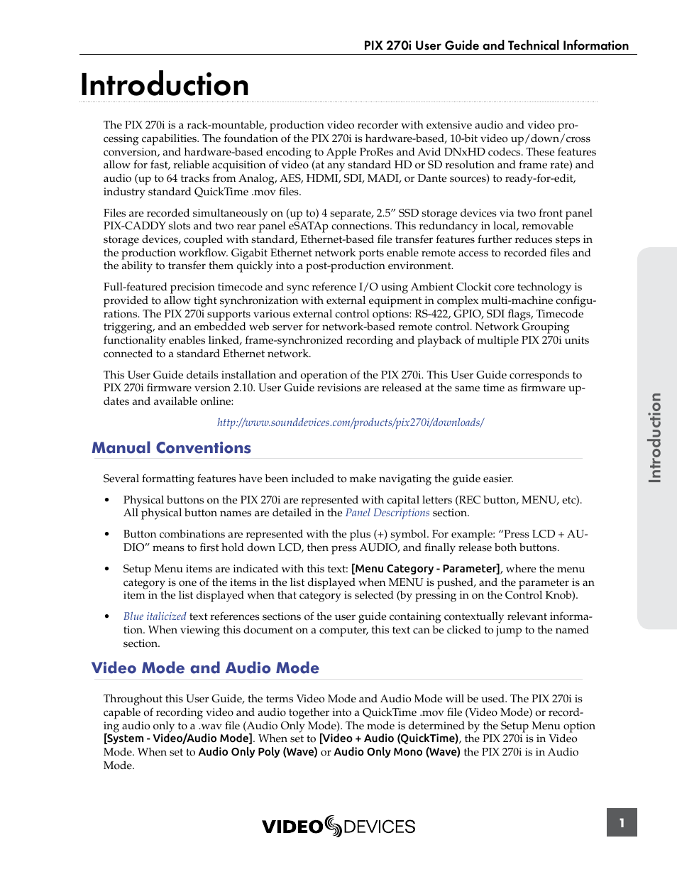 Introduction, Manual conventions, Video mode and audio mode | Intr oduction | Sound Devices PIX 270i User Manual | Page 7 / 99