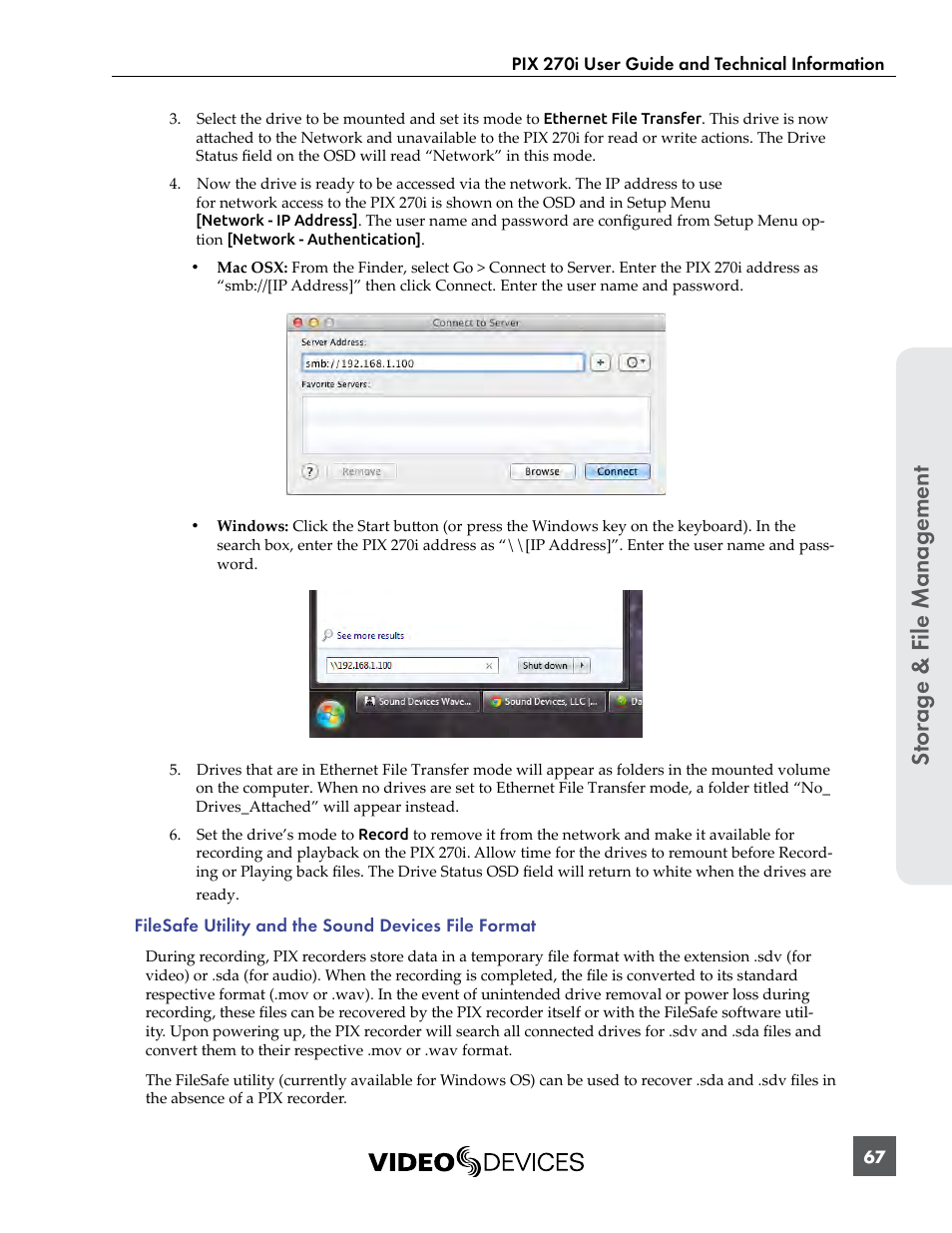 St or ag e & f ile manag ement | Sound Devices PIX 270i User Manual | Page 73 / 99
