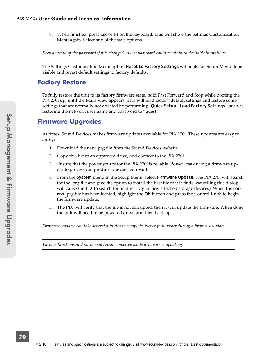 Factory restore, Firmware upgrades, Factory restore firmware upgrades | Se tup manag ement & f ir m w ar e u pg rades | Sound Devices PIX 270i User Manual | Page 76 / 99
