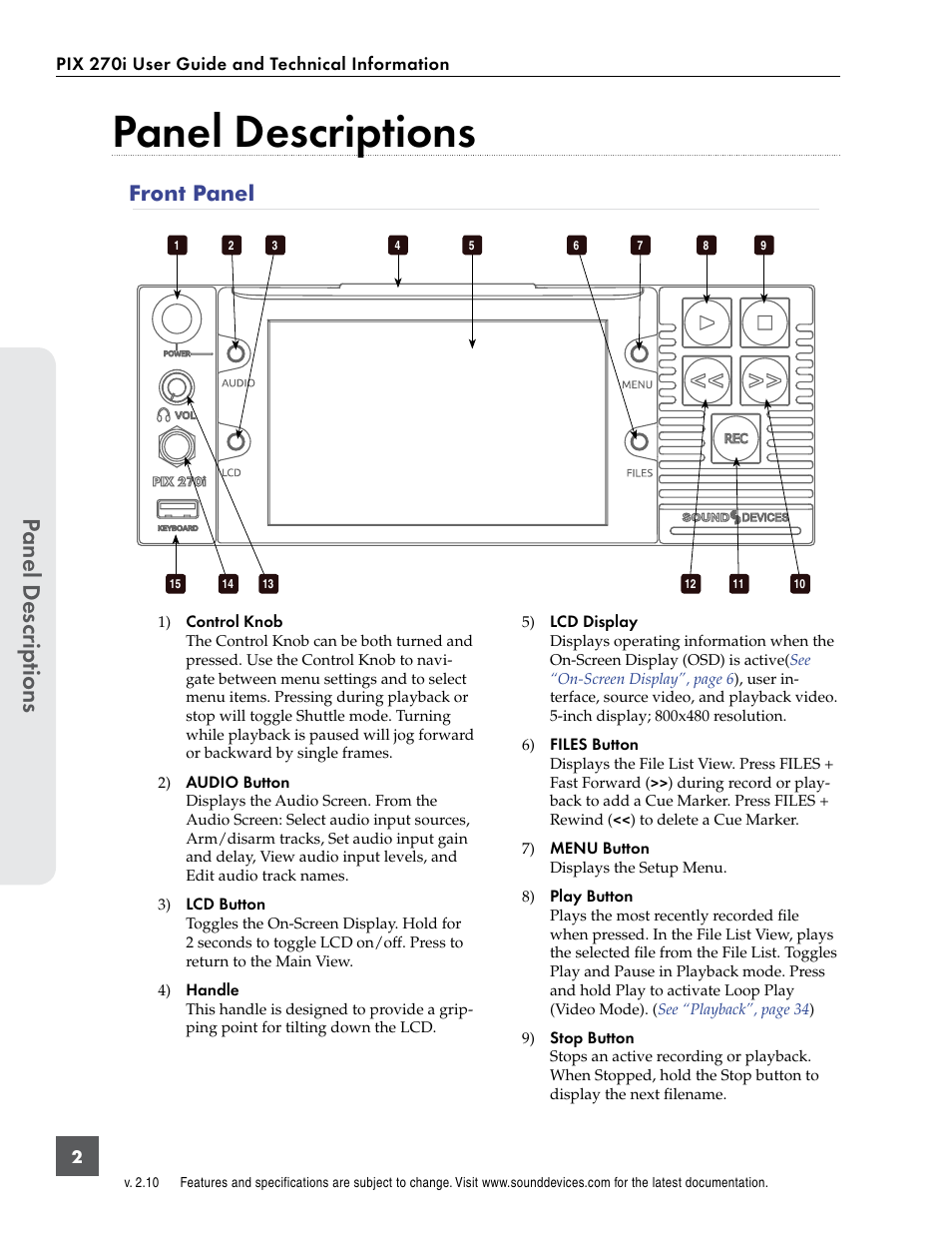 Panel descriptions, Front panel, Panel descr ip tions | Sound Devices PIX 270i User Manual | Page 8 / 99
