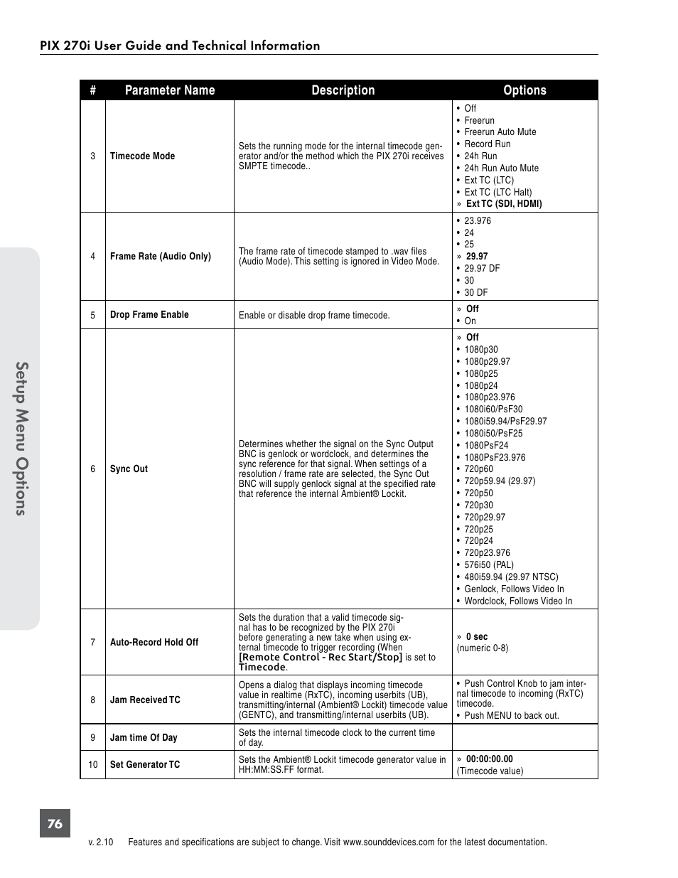 Se tup menu op tions | Sound Devices PIX 270i User Manual | Page 82 / 99