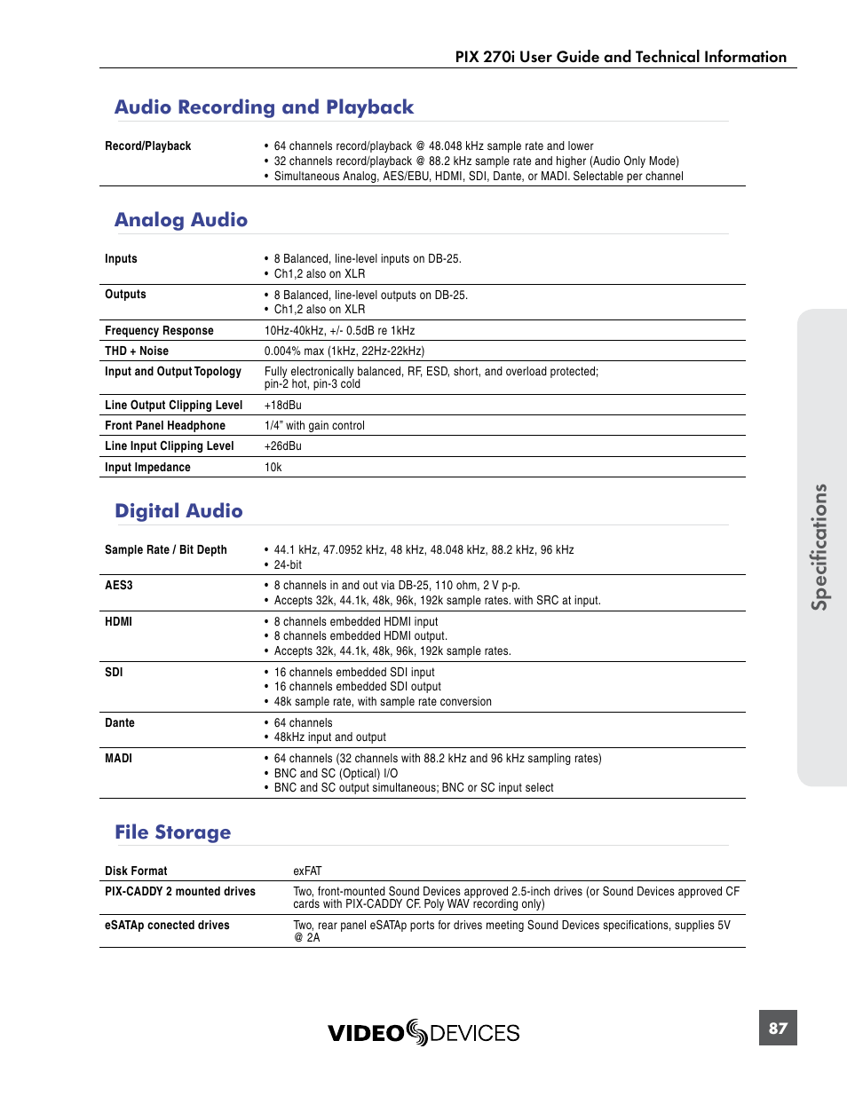 Audio recording and playback, Analog audio, Digital audio | File storage, Analog audio digital audio file storage, Specifications | Sound Devices PIX 270i User Manual | Page 93 / 99