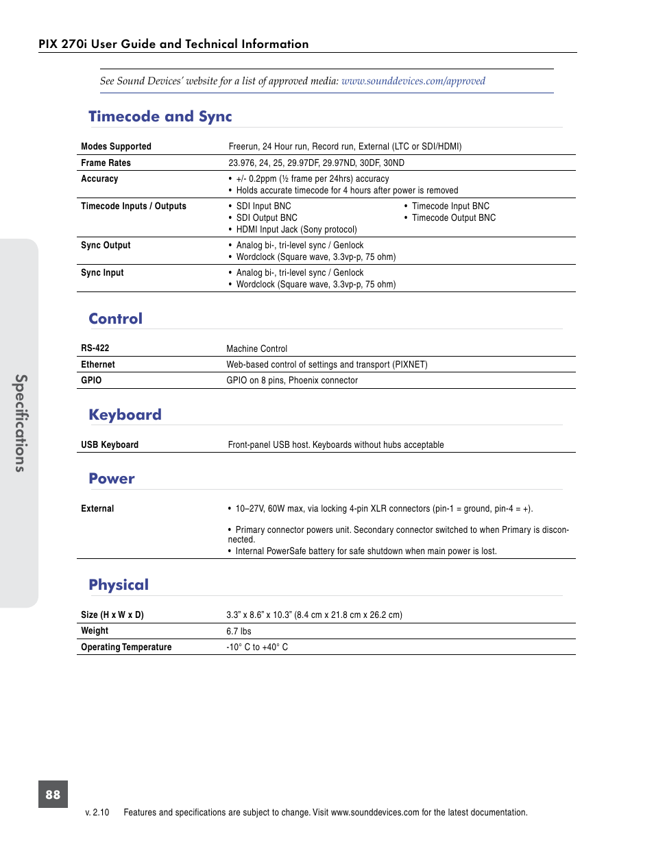 Timecode and sync, Control, Keyboard | Power, Physical, Timecode and sync control keyboard power physical, Specifications | Sound Devices PIX 270i User Manual | Page 94 / 99