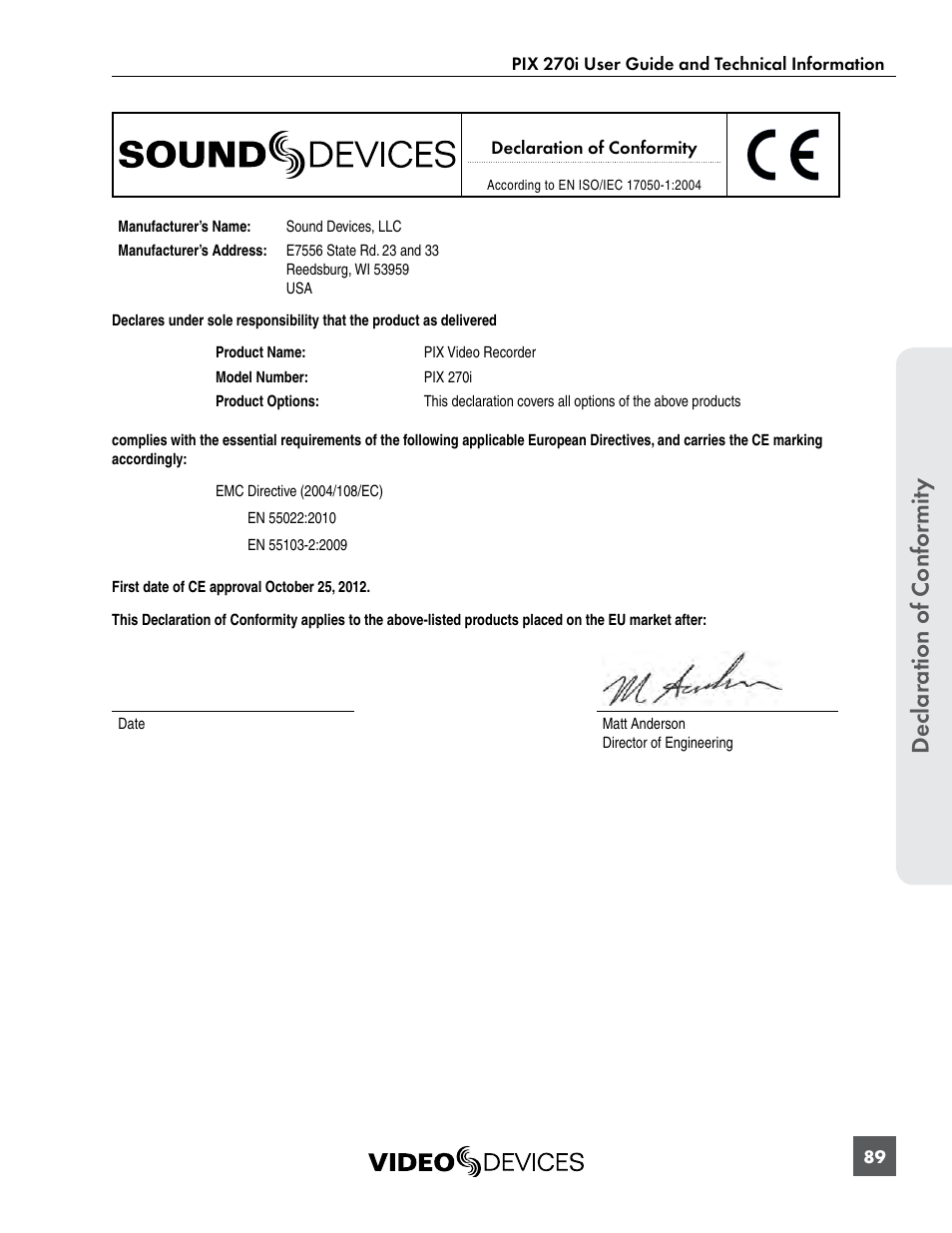 Declaration of conformity, Declar ation of confor mity | Sound Devices PIX 270i User Manual | Page 95 / 99