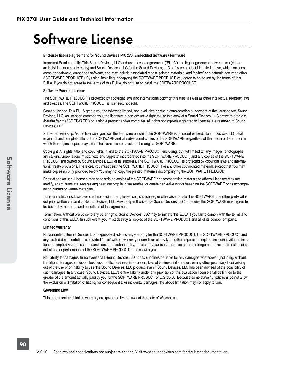Software license, Sof tw ar e license | Sound Devices PIX 270i User Manual | Page 96 / 99