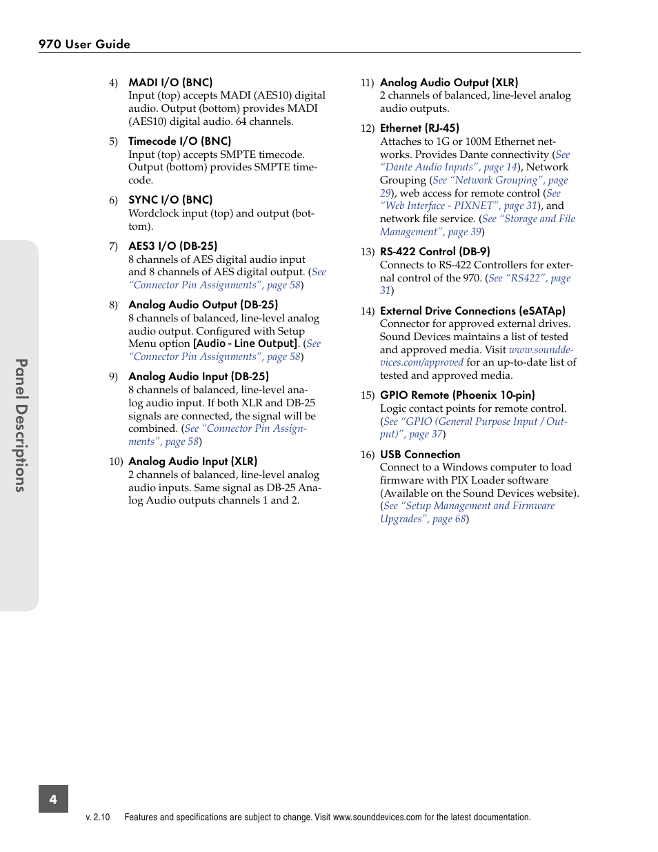 Panel descr ip tions | Sound Devices 970 User Manual | Page 10 / 74