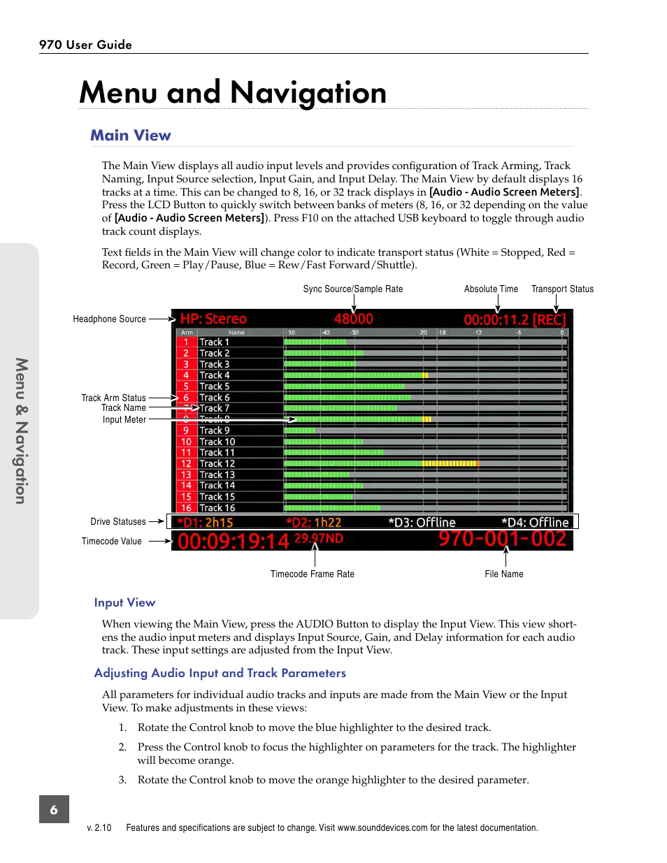 Menu and navigation, Main view, Menu & n avig ation | Sound Devices 970 User Manual | Page 12 / 74
