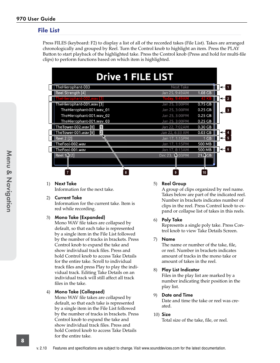 File list, Menu & n avig ation | Sound Devices 970 User Manual | Page 14 / 74