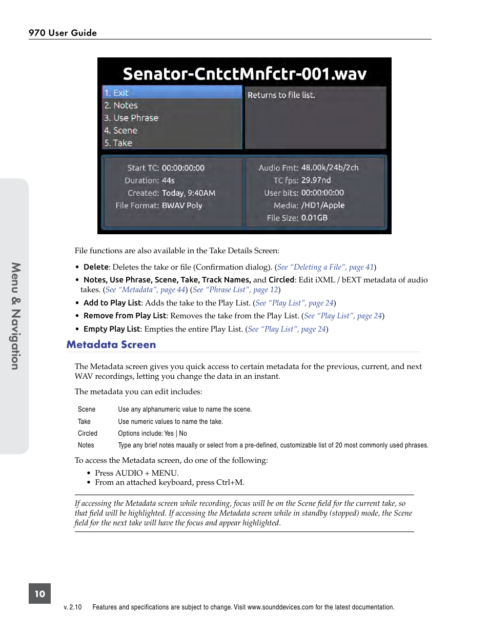 Metadata screen, Menu & n avig ation | Sound Devices 970 User Manual | Page 16 / 74