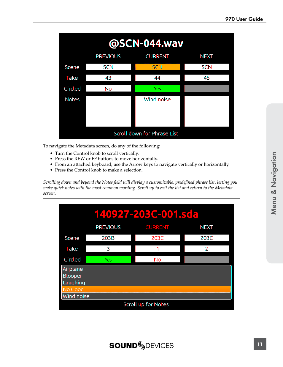 Menu & n avig ation | Sound Devices 970 User Manual | Page 17 / 74