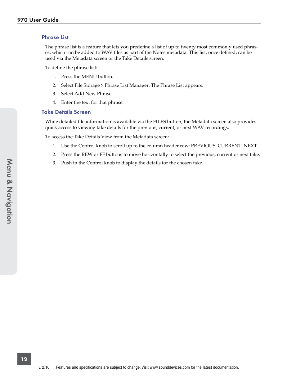 Menu & n avig ation | Sound Devices 970 User Manual | Page 18 / 74