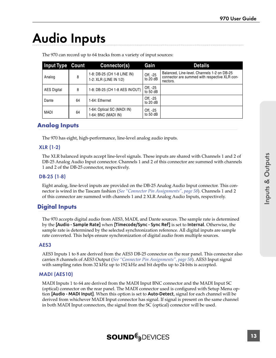 Audio inputs, Analog inputs, Digital inputs | Analog inputs digital inputs | Sound Devices 970 User Manual | Page 19 / 74