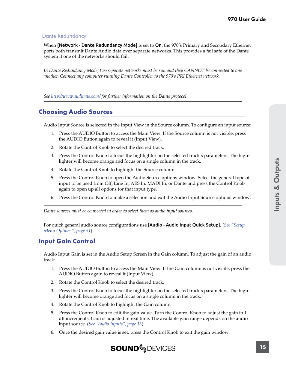 Choosing audio sources, Input gain control | Sound Devices 970 User Manual | Page 21 / 74