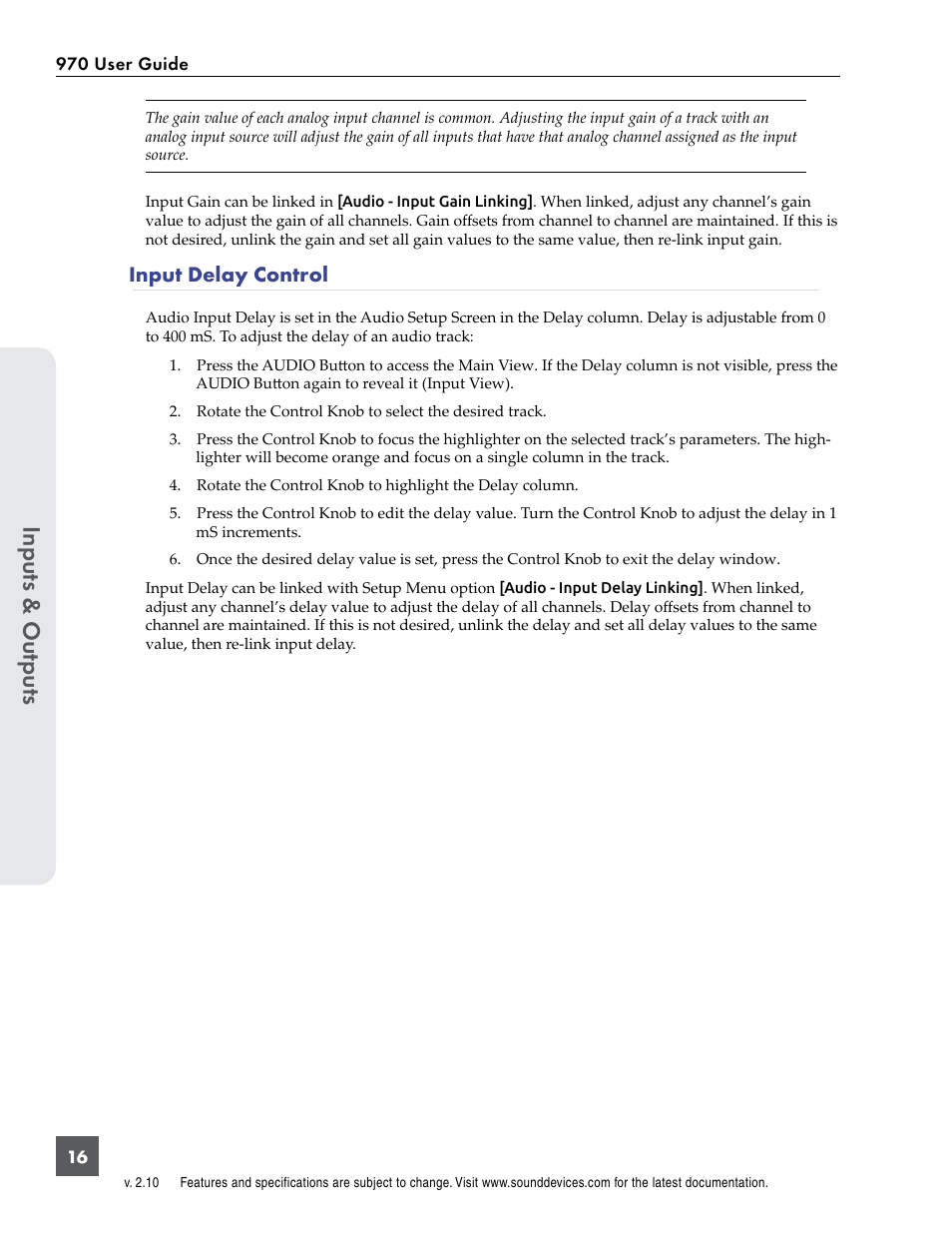 Input delay control | Sound Devices 970 User Manual | Page 22 / 74