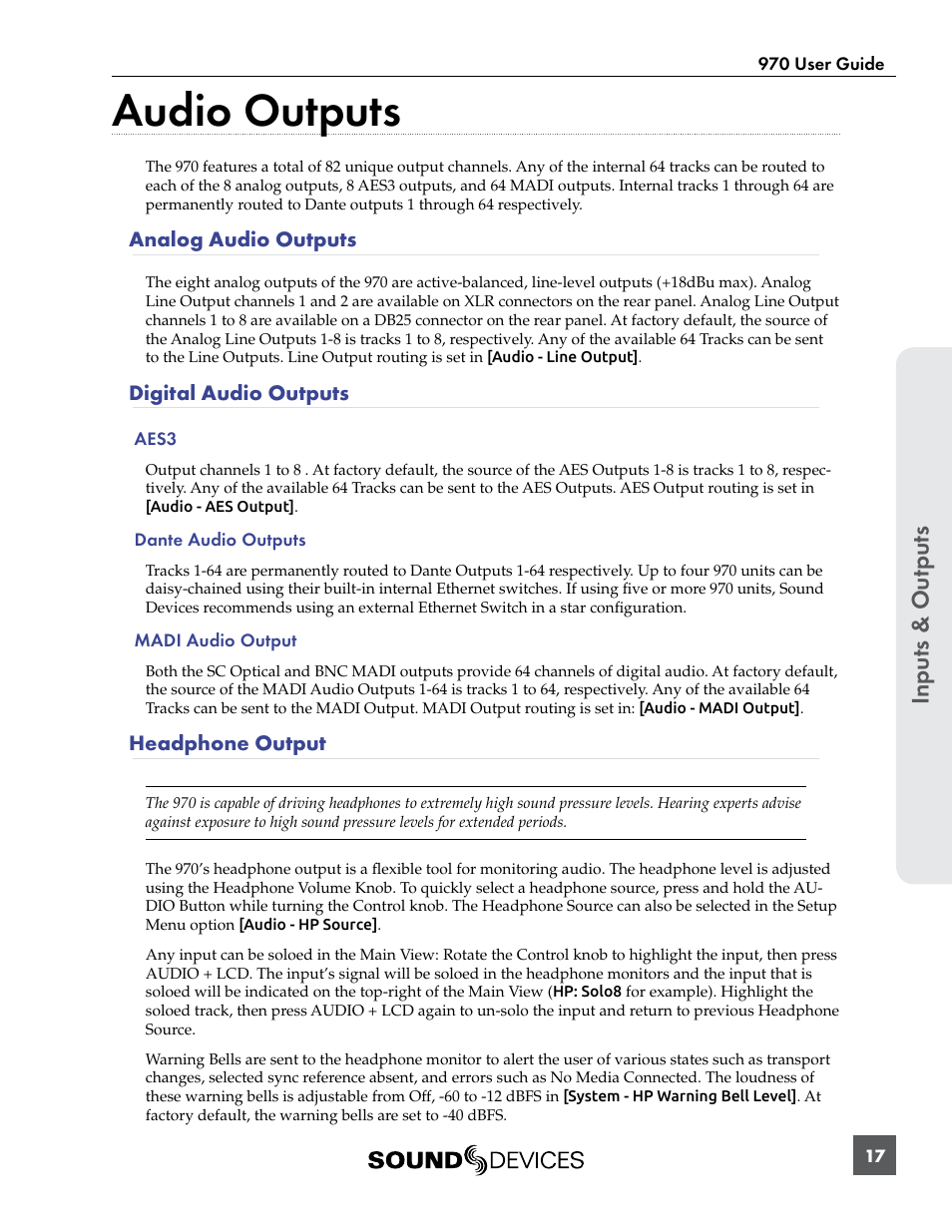 Audio outputs, Analog audio outputs, Digital audio outputs | Headphone output, Analog audio outputs digital audio outputs | Sound Devices 970 User Manual | Page 23 / 74