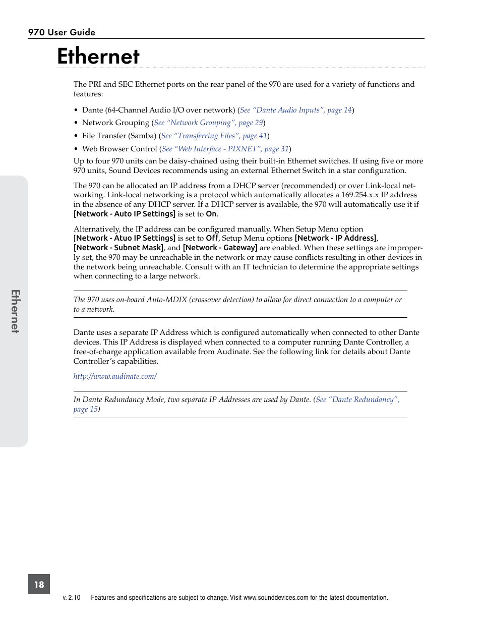 Ethernet, Et her ne t | Sound Devices 970 User Manual | Page 24 / 74
