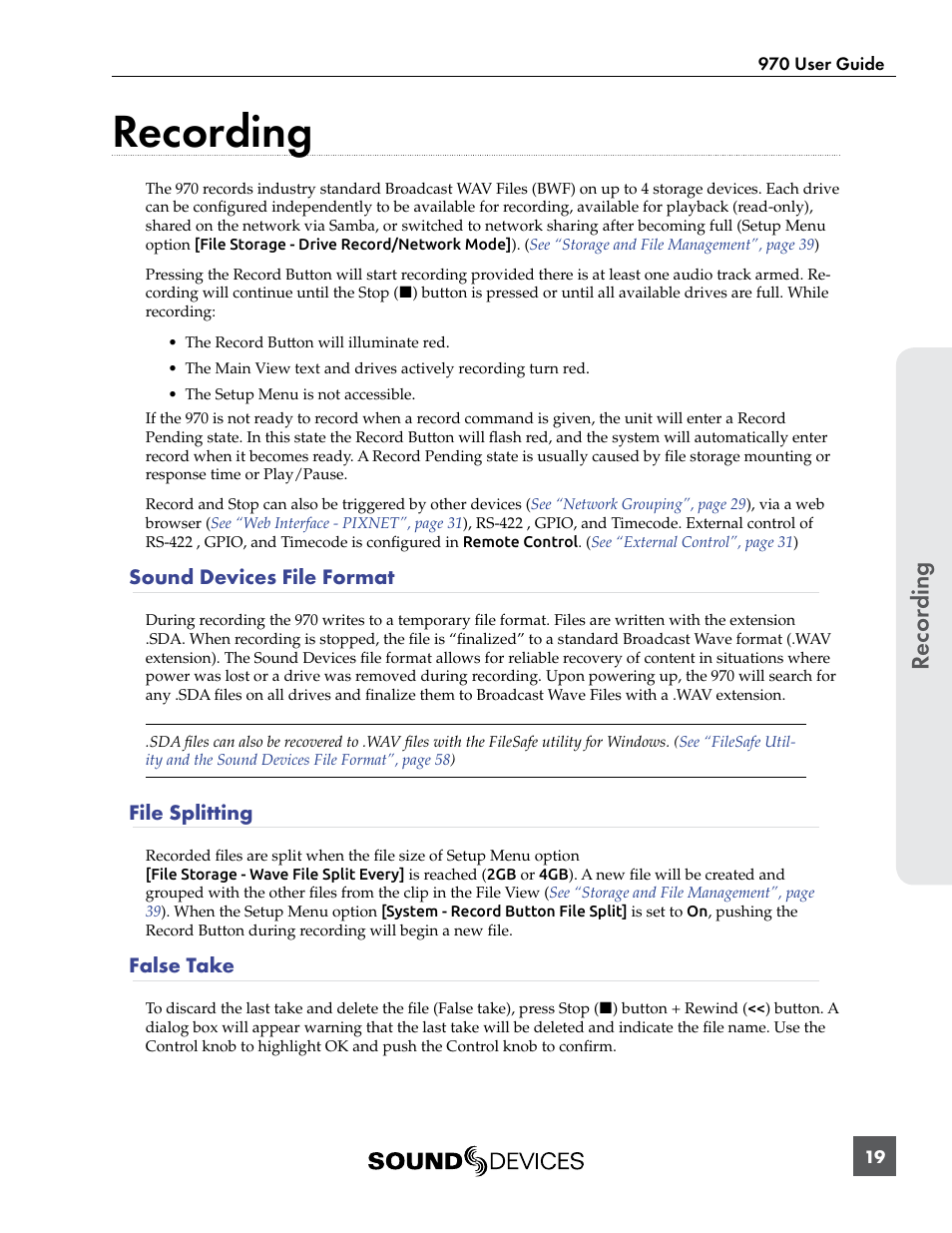 Recording, Sound devices file format, File splitting | False take, Recor ding | Sound Devices 970 User Manual | Page 25 / 74