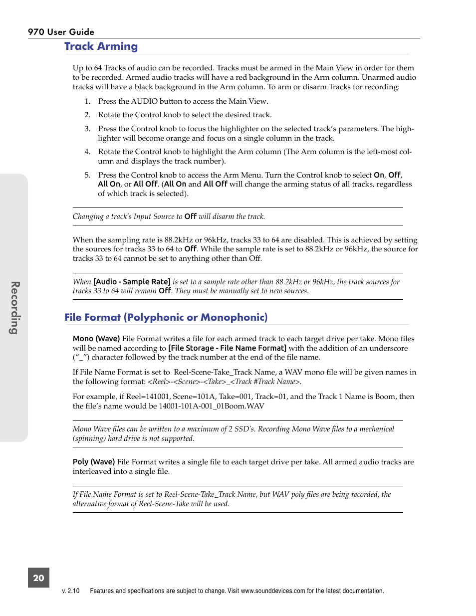 Track arming, File format (polyphonic or monophonic), Recor ding | Sound Devices 970 User Manual | Page 26 / 74