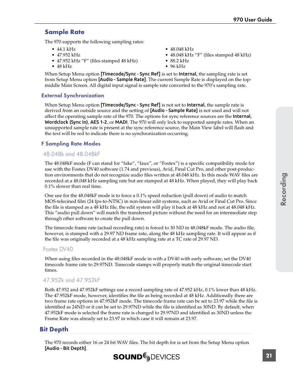 Bit depth, Recor ding, Sample rate | Sound Devices 970 User Manual | Page 27 / 74