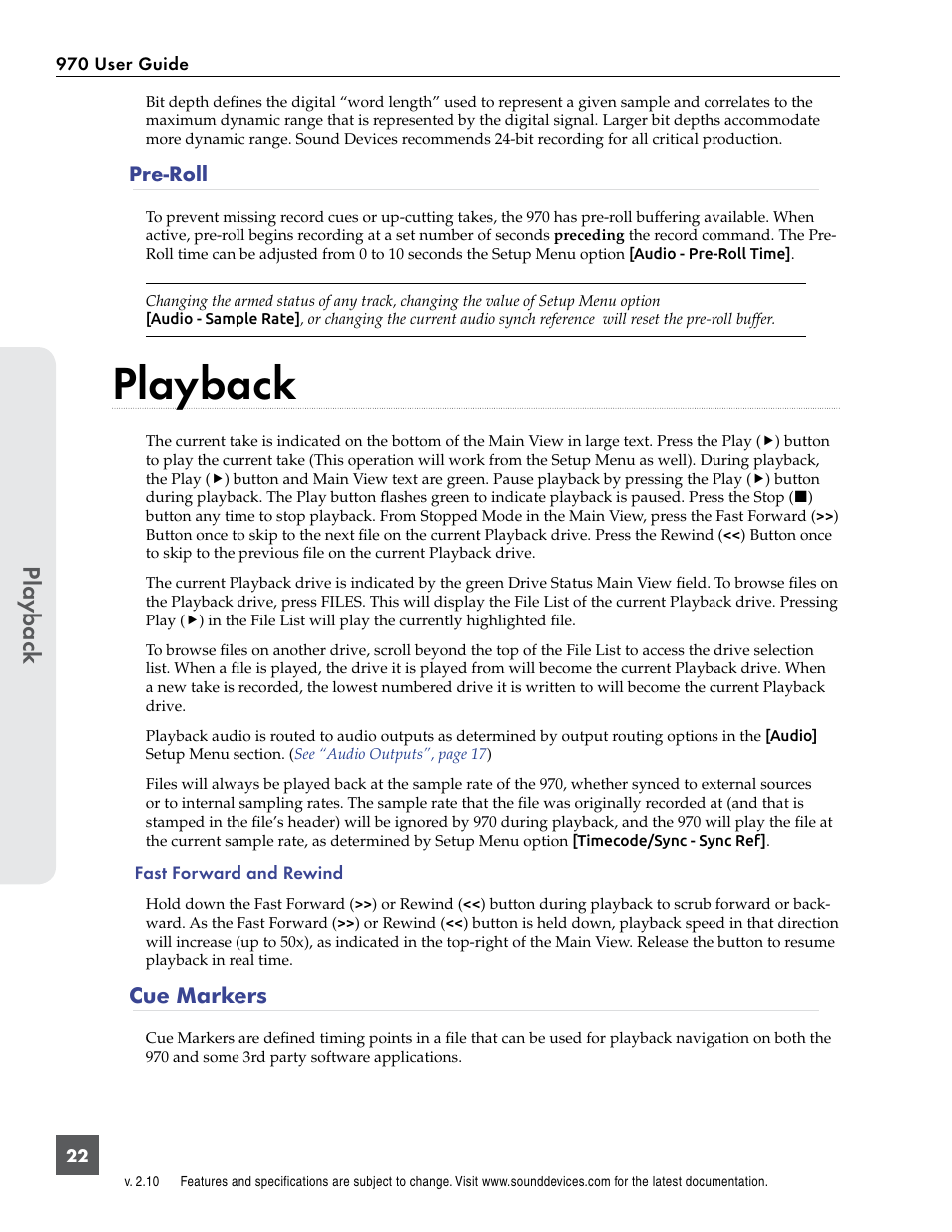 Playback, Cue markers, Pre-roll | Cue markers pre-roll, Pla ybac k | Sound Devices 970 User Manual | Page 28 / 74