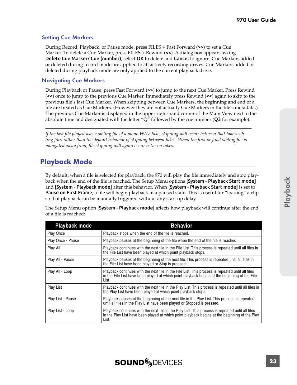 Playback mode, Pla ybac k | Sound Devices 970 User Manual | Page 29 / 74