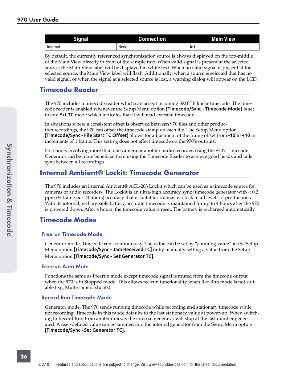 Timecode reader, Internal ambient® lockit: timecode generator, Timecode modes | Sync hr onization & t imecode | Sound Devices 970 User Manual | Page 32 / 74