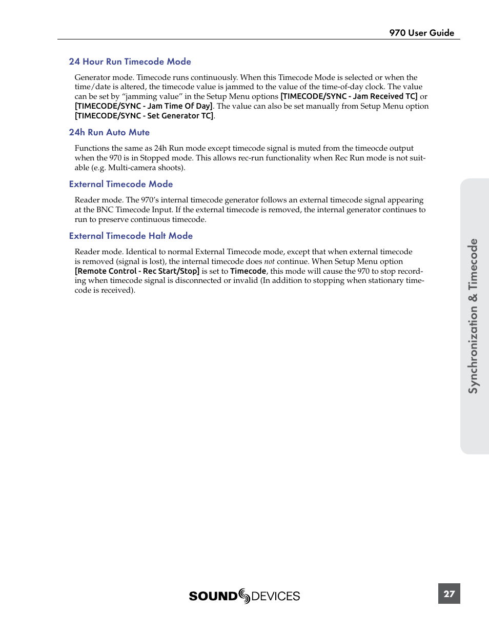 Sync hr onization & t imecode | Sound Devices 970 User Manual | Page 33 / 74