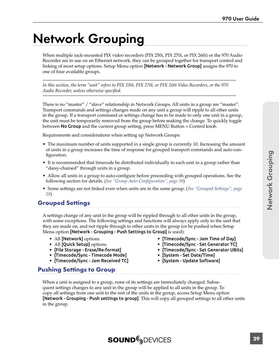 Network grouping, Grouped settings, Pushing settings to group | Grouped settings pushing settings to group, Ouping, Web access for r, Via a web, Netw or k gr ouping | Sound Devices 970 User Manual | Page 35 / 74