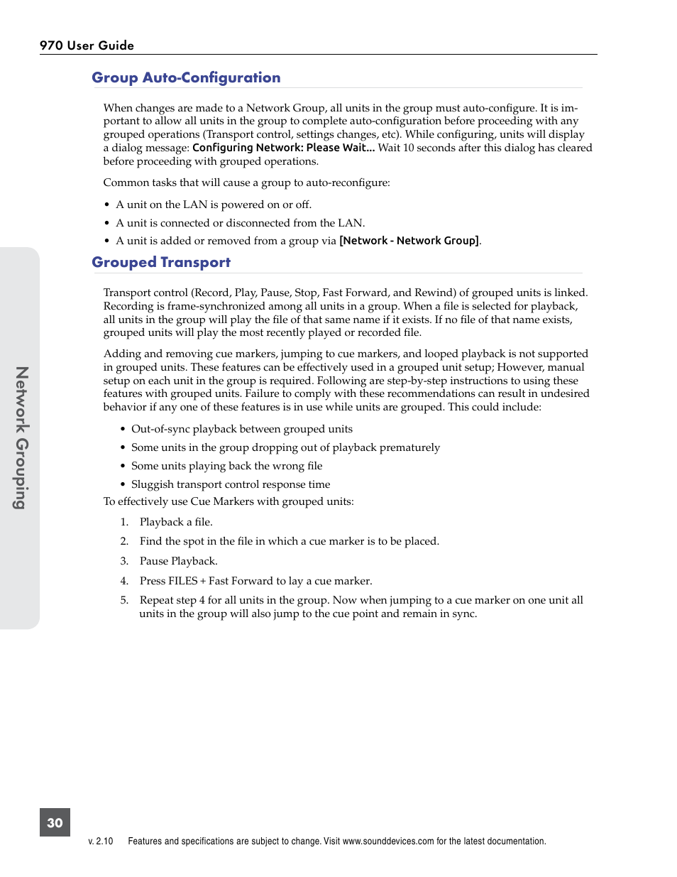 Group auto-configuration, Grouped transport, Group auto-configuration grouped transport | Netw or k gr ouping | Sound Devices 970 User Manual | Page 36 / 74
