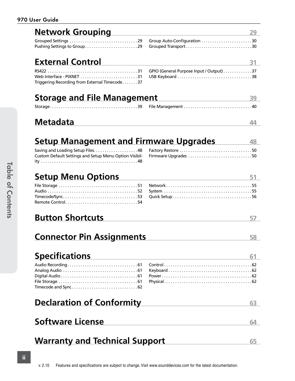 Network grouping, External control, Storage and file management | Metadata, Setup management and firmware upgrades, Setup menu options, Button shortcuts, Connector pin assignments, Specifications, Declaration of conformity | Sound Devices 970 User Manual | Page 4 / 74