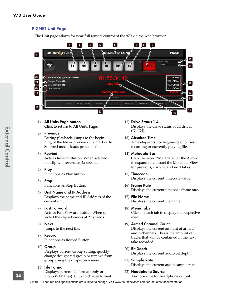Ext er nal contr ol | Sound Devices 970 User Manual | Page 40 / 74