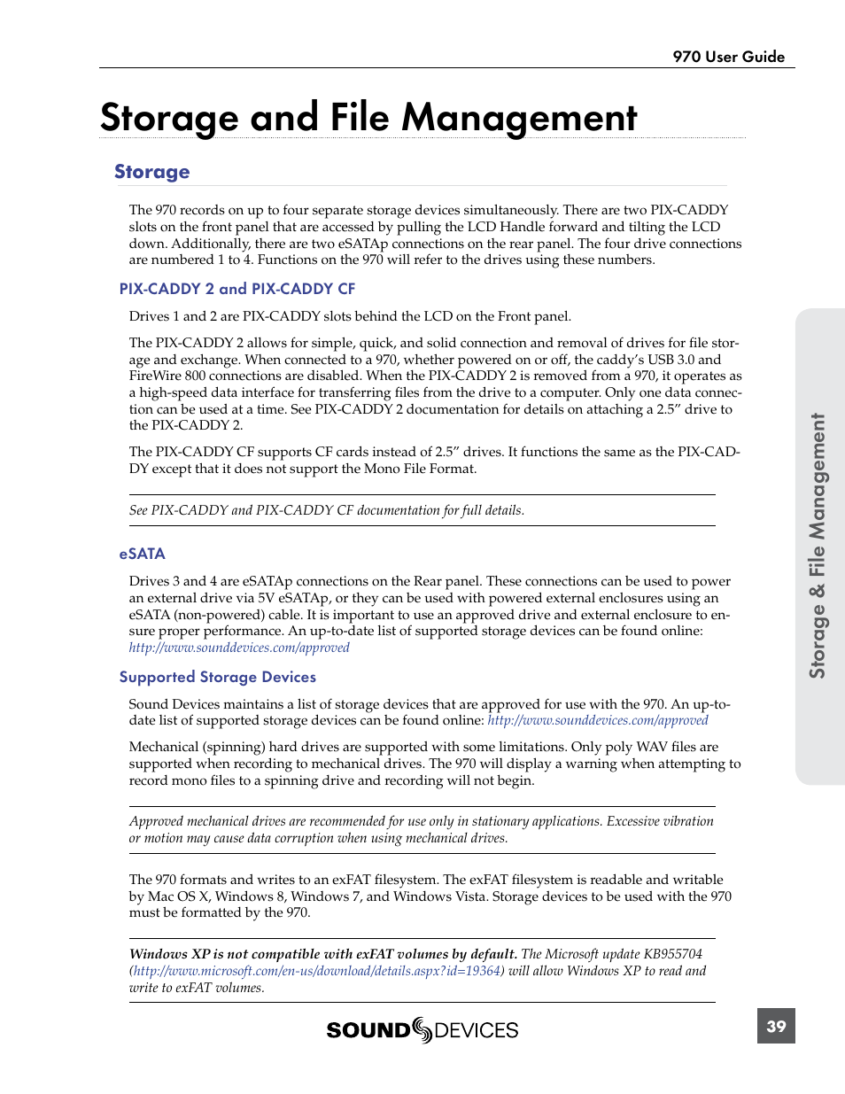 Storage and file management, Storage, Network file service | See “storage and file, When the setup menu option, St or ag e & f ile manag ement | Sound Devices 970 User Manual | Page 45 / 74