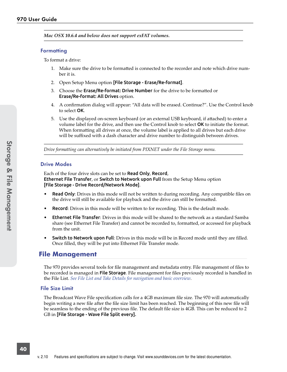 File management, Stor ag e & f ile manag ement | Sound Devices 970 User Manual | Page 46 / 74