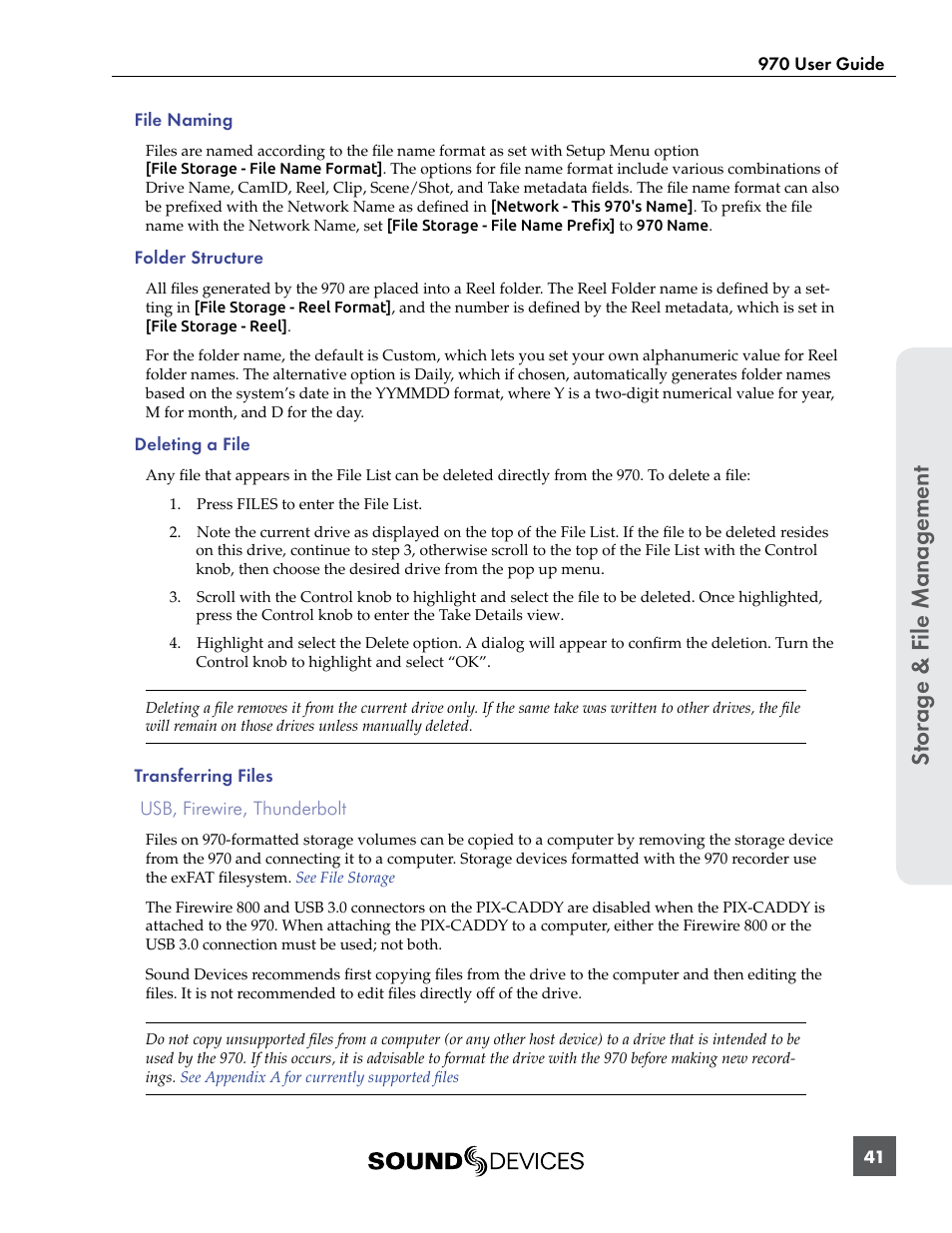 Deletes the take or file (confirmation dialog), St or ag e & f ile manag ement | Sound Devices 970 User Manual | Page 47 / 74
