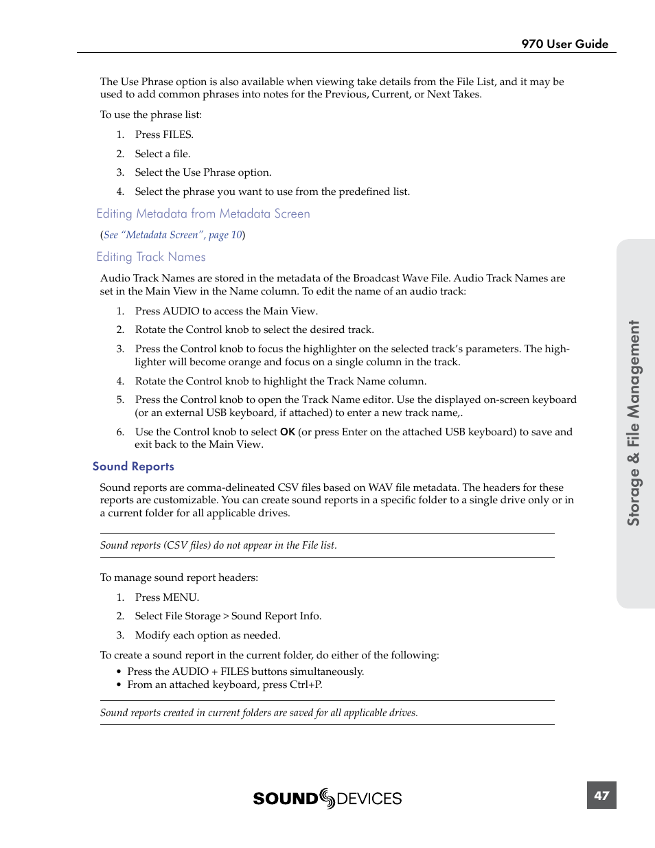 St or ag e & f ile manag ement | Sound Devices 970 User Manual | Page 53 / 74