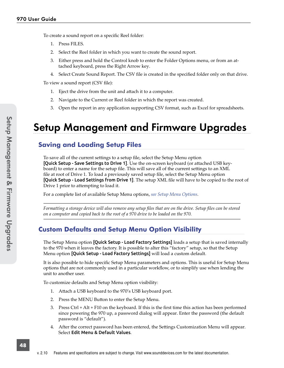 Setup management and firmware upgrades, Saving and loading setup files, Se tup manag ement & f ir m w ar e u pg rades | Sound Devices 970 User Manual | Page 54 / 74