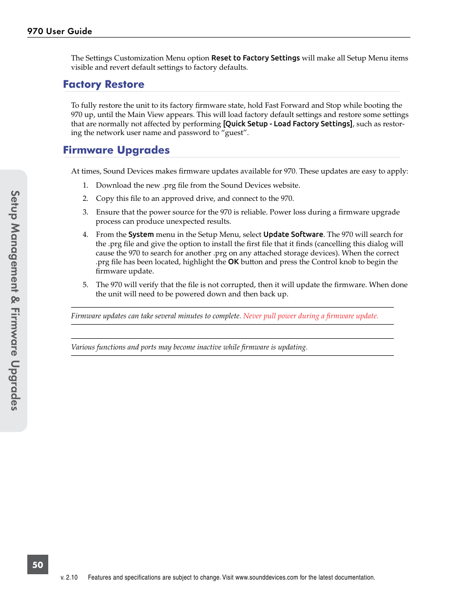 Factory restore, Firmware upgrades, Factory restore firmware upgrades | Se tup manag ement & f ir m w ar e u pg rades | Sound Devices 970 User Manual | Page 56 / 74