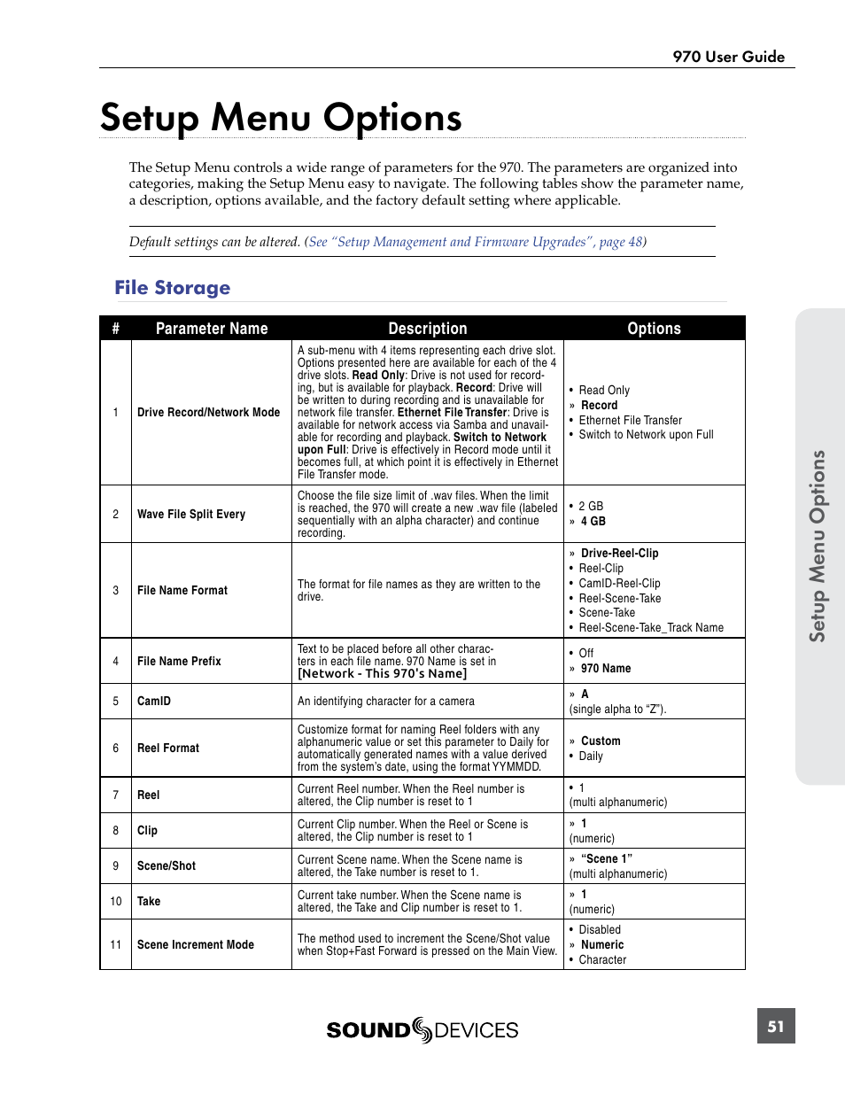 Setup menu options, File storage, See “setup | Se tup menu op tions | Sound Devices 970 User Manual | Page 57 / 74