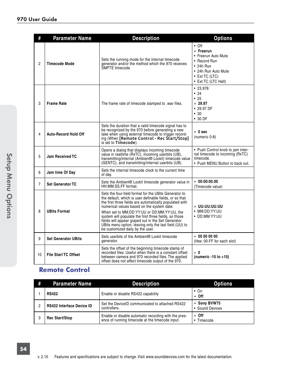 Remote control, Se tup menu op tions | Sound Devices 970 User Manual | Page 60 / 74