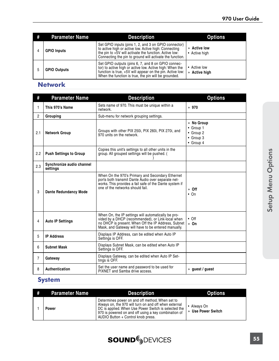 Network, System, Network system | Se tup menu op tions | Sound Devices 970 User Manual | Page 61 / 74