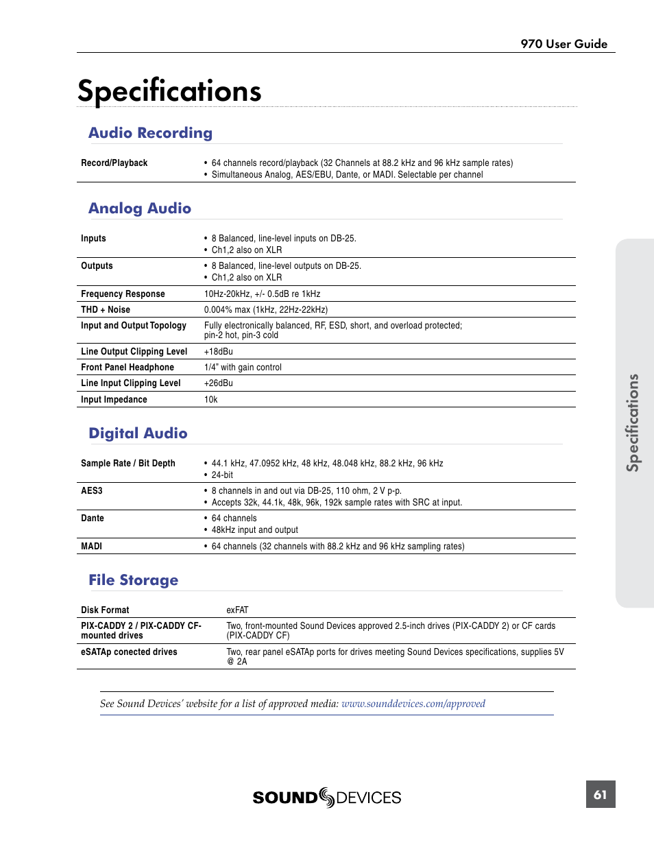 Specifications, Audio recording, Analog audio | Digital audio, File storage | Sound Devices 970 User Manual | Page 67 / 74